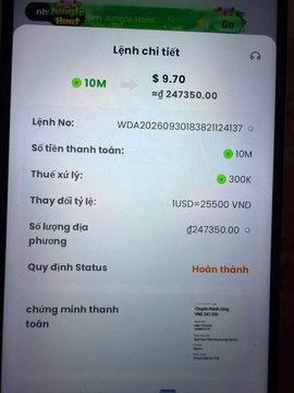 A mobile trading interface displays a completed order ("Hoàn thành") for 10M tokens at $9.70, totaling ₫247350.00, with an exchange rate of 1USD = 25500 VND.