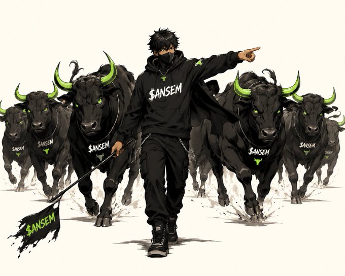 An anime-style character wearing a black "$ANSEM" hoodie leads a stampede of powerful black bulls, symbolizing the momentum and strength of the $ANSEM community. The imagery reflects the post's message by personifying the project as a powerful force driven by its community's collective ownership.