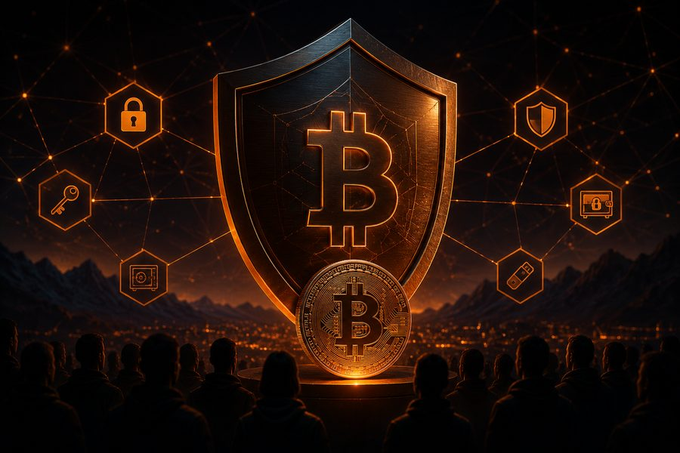 A digital art illustration depicting a glowing Bitcoin coin behind a shield, surrounded by security icons and a crowd of silhouetted people.