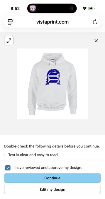 A mobile screenshot of vistaprint.com showing a white hoodie design preview with a blue graphic, with options to 'Continue' or 'Edit my design' after approving.