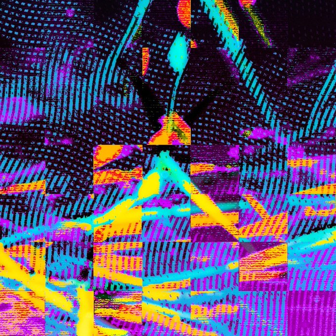 An abstract, colorful digital artwork featuring vibrant purple, blue, yellow, and orange textured brushstrokes and patterns.