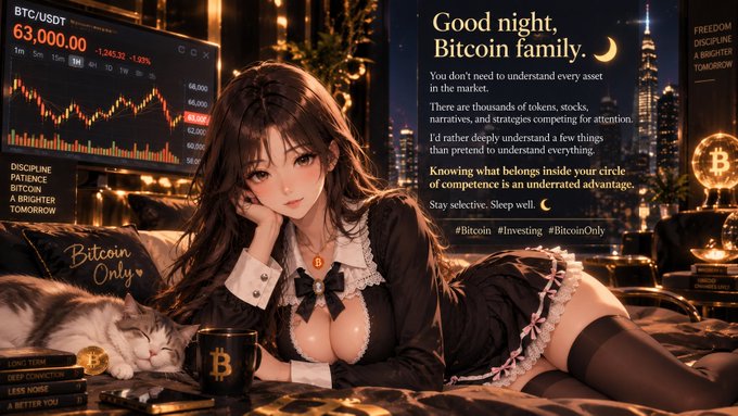 An AI-generated anime-style illustration featuring a woman in maid attire with a Bitcoin mug, accompanied by the text "Good night, Bitcoin family," a BTC/USDT chart showing 63,000.00 (-1.35%), and hashtags including #Bitcoin, #Investing, and #BitcoinOnly.