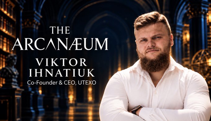 Viktor Ihnatiuk, Co-Founder & CEO of UTEXO, appears on "The Arcanæum" in a promotional image featuring him in a white shirt against a grand arched library backdrop. The caption aligns with his guest appearance on Arcanum Capital's show to discuss USDT's return to Bitcoin and the upcoming UTEXO launch.