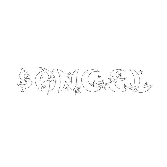 The image features stylized text spelling "ANGEL" in an outlined, cosmic-themed font decorated with stars and crescent moons. This relates to the post as visual branding for the $ANGEL ticker mentioned, representing artist @tyaagnliu's six-month protocol-readymade "END GAME" launching Monday.