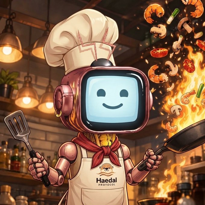 A digital illustration of a robot chef wearing a chef's hat and apron branded 'Haedal PROTOCOL', cooking shrimp and vegetables in a flaming pan.