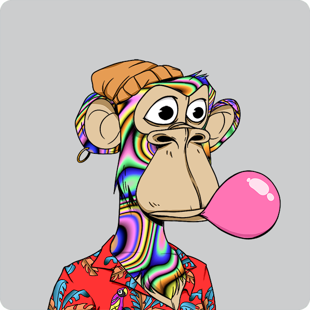 A digital illustration of Bored Ape Yacht Club NFT #2130, featuring a colorful rainbow-patterned ape wearing an orange beanie and red Hawaiian shirt while blowing a pink bubblegum bubble. The image represents an NFT from the BAYC collection, as indicated by the post detailing its purchase for 33 ETH and its marketplace listing.