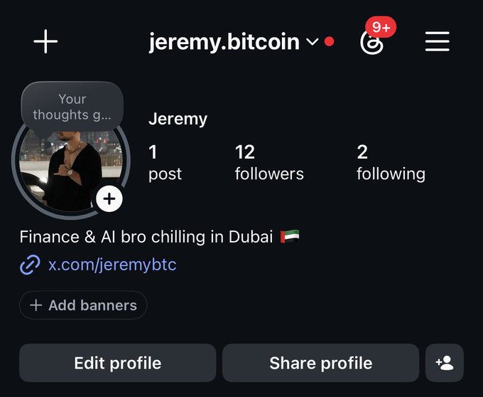 The image shows an Instagram profile for "jeremy.bitcoin" featuring Jeremy, a self-described "Finance & AI bro chilling in Dubai 🇦🇪," with 1 post, 12 followers, and 2 following, promoting his new account to align with the post's announcement of starting fresh Instagram content from his new Dubai location.