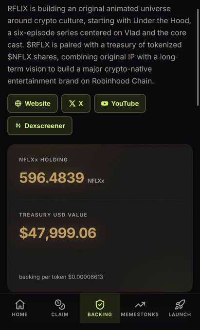 Screenshot from the Memestonks app showing the RFLX project page, which highlights a treasury-backed holding of 596.4839 NFLXx shares valued at $47,999.06, illustrating the "backed by a redeemable vault" concept referenced in the caption.