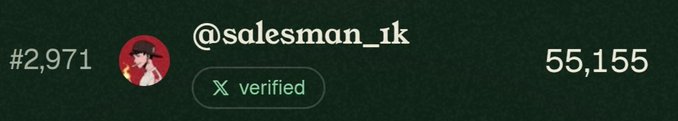 A social media profile card showing '@salesman_1k' with an X verified badge, '#2,971' and '55,155' displayed on either side.