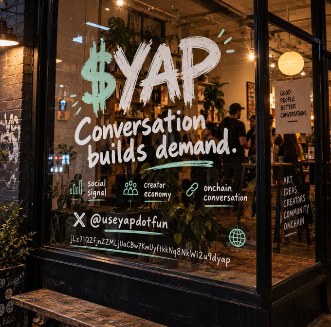 A storefront window with hand-painted chalk lettering promoting "$YAP - Conversation builds demand," listing social signal, creator economy, and onchain conversation, with handle @useyapdotfun and a contract address.