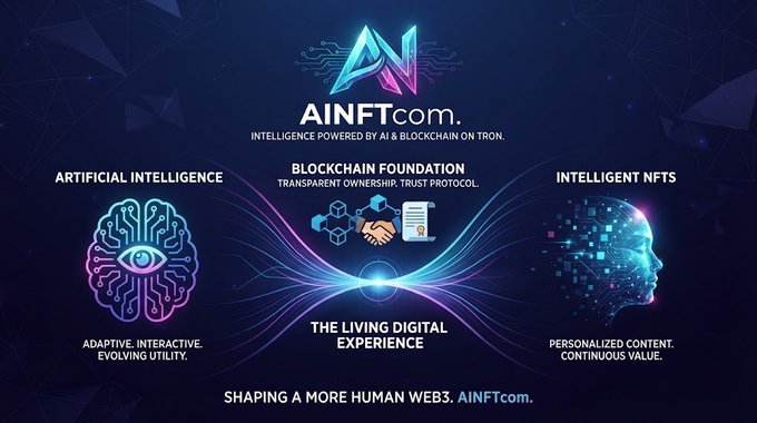 Promotional banner for 'AINFT.com', highlighting its ecosystem pillars: 'Artificial Intelligence', 'Blockchain Foundation' with 'Transparent Ownership Trust Protocol', and 'Intelligent NFTs', with the tagline 'Shaping a more human Web3'.