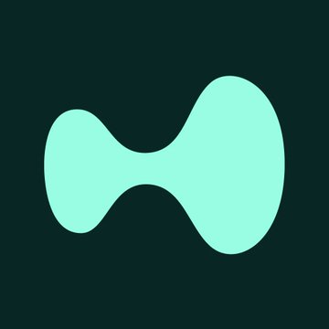 A teal-green abstract shape resembling a stylized letter or logo on a dark teal background.