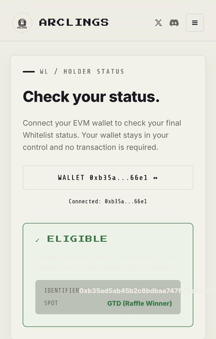 An 'ARCLINGS' whitelist status webpage showing an EVM wallet connection (0xb35a...66e1) and a green 'ELIGIBLE' status badge indicating a GTD (Raffle Winner) spot.