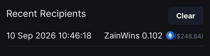 A "Recent Recipients" notification shows a 0.102 ETH transaction ($248.84) sent to ZainWins on 10 Sep 2026 at 10:46:18, confirming receipt of the $250 worth of crypto mentioned in the post.