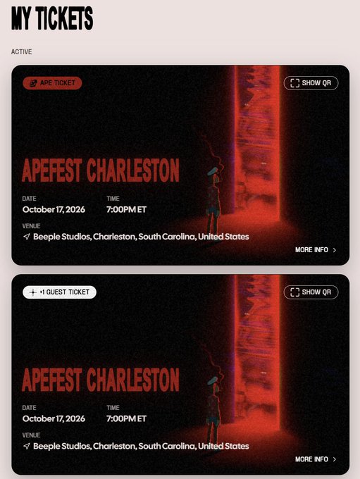 A "MY TICKETS" page showing two tickets for APEFEST CHARLESTON on October 17, 2026 at 7:00PM ET at Beeple Studios, Charleston, South Carolina, one labeled "APE TICKET" and another "+1 GUEST TICKET".