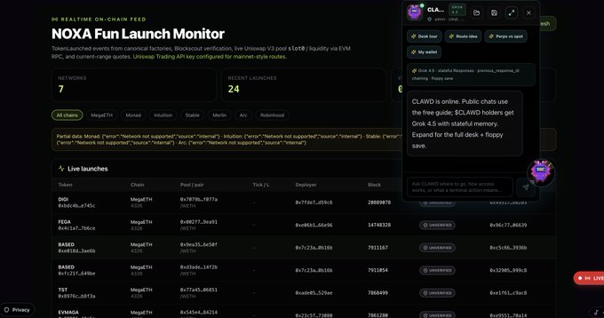 Screenshot of the NOXA Fun Launch Monitor dashboard showing 7 networks, 24 recent launches, and a live launches table on MegaETH, with a CLAWD AI chat window noting 'CLAWD is online. Public chats use the free guide.'