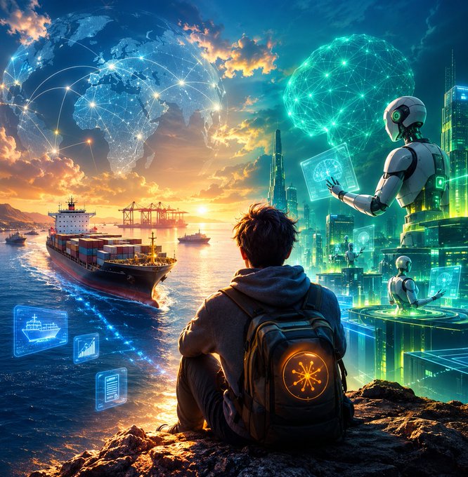 A futuristic digital artwork showing a person with a backpack looking out over a scene that contrasts a traditional cargo ship and port on one side with a glowing, AI-driven futuristic city and holographic globe on the other.