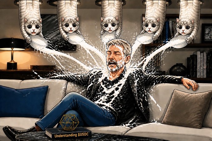 The image features a man sitting on a couch with his arms outstretched, surrounded by five cats that are spraying him with water from their mouths. One of the cats has a book next to him, which appears to be titled "Understanding USDC". The scene is set in an indoor environment, possibly a living room or a bedroom, and it seems like the man is being playfully pelted by the cats as they try to get his attention.