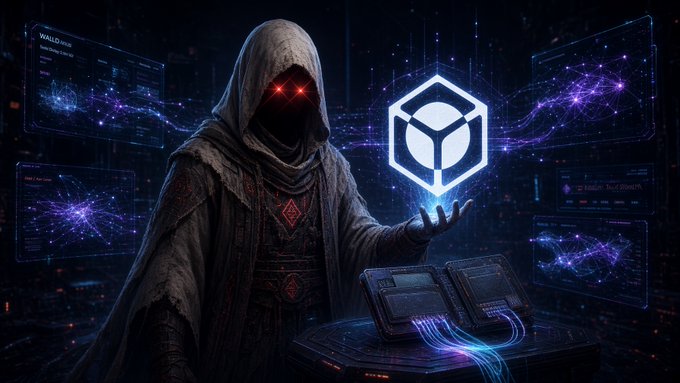 A hooded figure with glowing red eyes summons a glowing cube token above an open book surrounded by floating crypto data panels displaying network visualizations and partial text like "WALLO" and "IRON." The mystical scene visualizes the post's theme of unlocking or claiming an $IRON airdrop, with the arcane ritual imagery reflecting the author's reflection on navigating guaranteed versus first-come-first-served allocation tiers after the Iron Allies event.