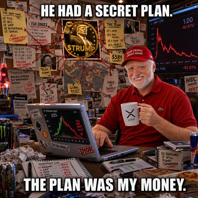 A man wearing a "MAKE CRYPTO GREAT AGAIN" hat and an XRP shirt sits in a chaotic conspiracy-style workspace filled with sticky notes linking figures like Trump and Elon Musk to XRP, alongside charts showing "XRP/USD" down 92.81% and a "$TRUMP" meme coin. The caption "He had a secret plan. The plan was my money" humorously reflects the "crypto president" post, mocking the gap between crypto hype around political figures and the massive losses reflected in the chart.