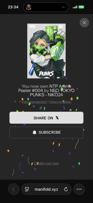 A mobile screenshot of a Manifold.xyz page showing 'You now own NTP Anime Poster #004 by NEO TOKYO PUNKS - NIK024' with share and subscribe buttons, featuring an anime character holding money and a bottle.