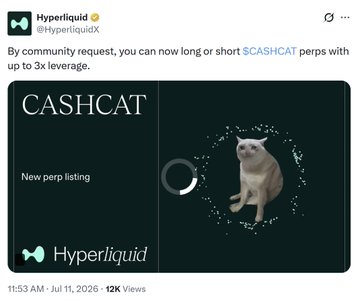 A tweet from Hyperliquid (@HyperliquidX) announcing that by community request, users can now long or short $CASHCAT perps with up to 3x leverage, featuring a 'New perp listing' graphic with an image of a cat.