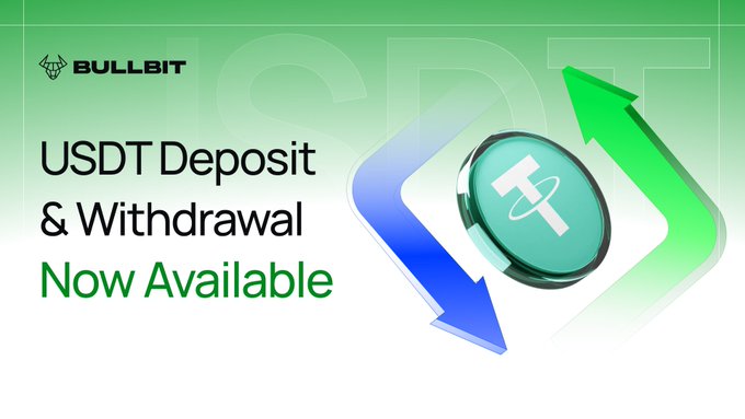 A promotional banner for BULLBIT announcing 'USDT Deposit & Withdrawal Now Available' with a Tether coin graphic and green upward arrow.