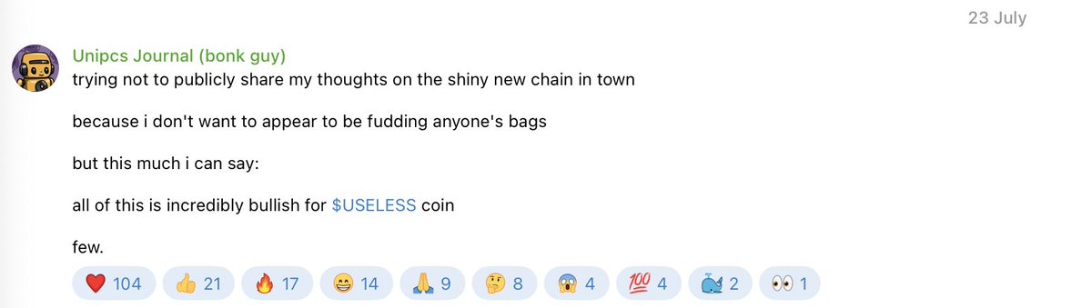 A social media post dated July 23 from Unipcs Journal (bonk guy) states he's trying not to publicly share thoughts on a new blockchain because he doesn't want to seem like he's shilling, but concludes that "all of this is incredibly bullish for $USELESS coin," receiving 104 likes and various other reactions—aligning with the caption's theme of chains undermining a token's momentum.
