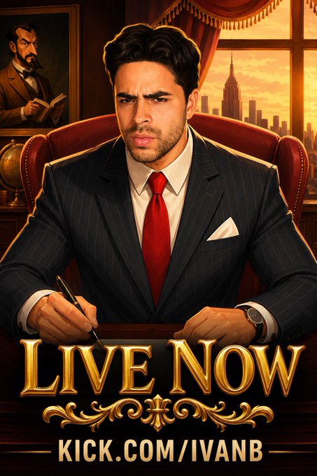 A promotional banner featuring a man in a pinstripe suit with a red tie holding a pen, with 'LIVE NOW' and 'KICK.COM/IVANB' displayed against an office backdrop with a city skyline.