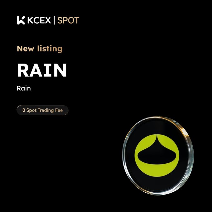 A KCEX Spot exchange announcement for a new listing called 'RAIN' with a 0 Spot Trading Fee, featuring a green circular logo.