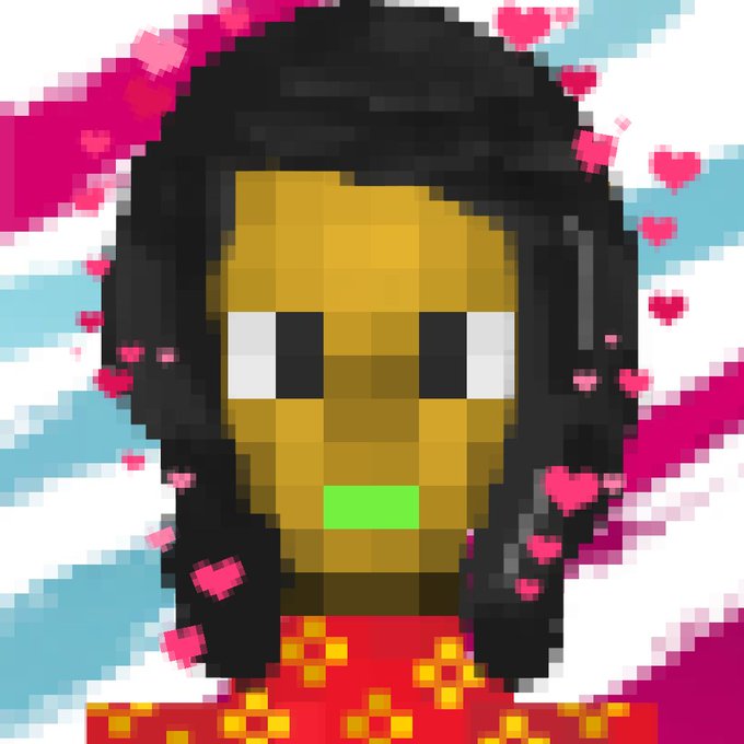 A pixel art portrait of a character with dark hair, brown skin, and a red patterned shirt, set against a background with pink hearts and blue sky.