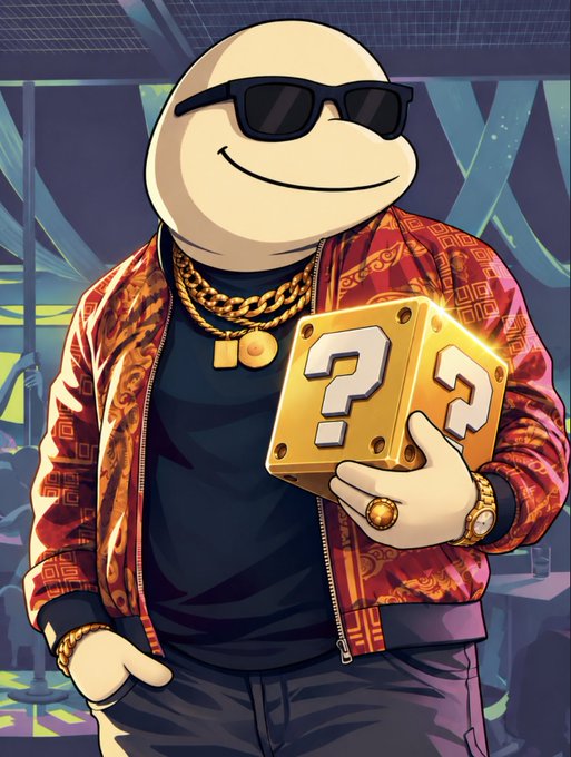A stylish cartoon figure wearing sunglasses, gold chains, and a red patterned jacket holds up a golden question mark block, symbolizing the mystery of which token to choose. The imagery ties to the "GM" post asking followers to weigh in on their $10K USDC token pick, with the "? block" representing the open-ended crypto decision.