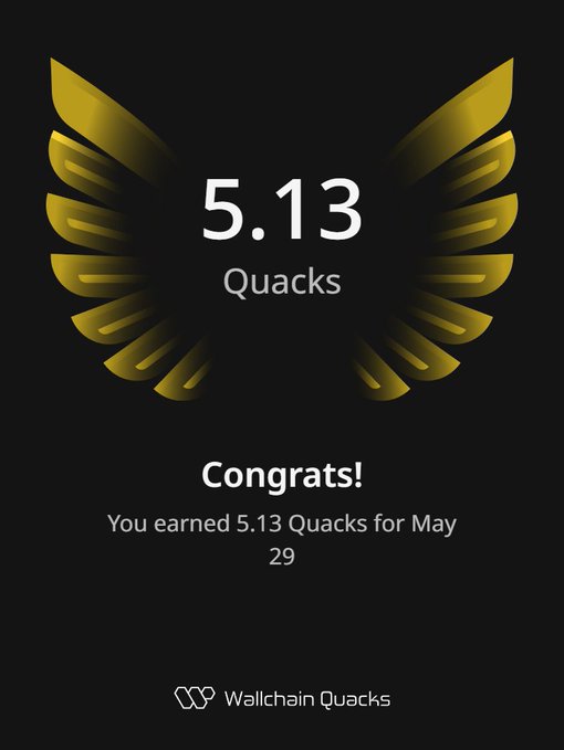 The image features a poster with an illustration of a bird's wing, which has gold and black colors. The text on the poster congratulates users for their achievements and mentions that they have earned 5.13 Quacks. The poster also includes information about a website called @wallchainQuacks, which is related to web3 technology.