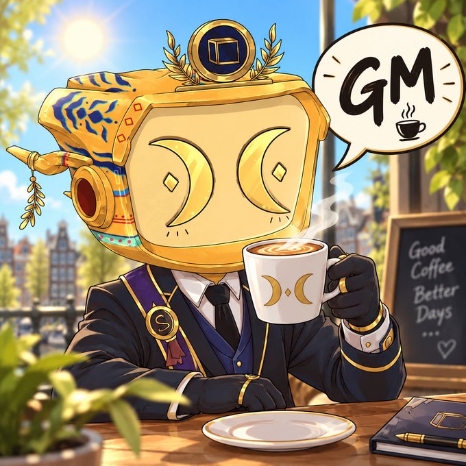 An illustration of a golden robotic character in a suit holding a coffee cup with a 'GM' (Good Morning) speech bubble, set in a cafe with a 'Good Coffee Better Days' sign.