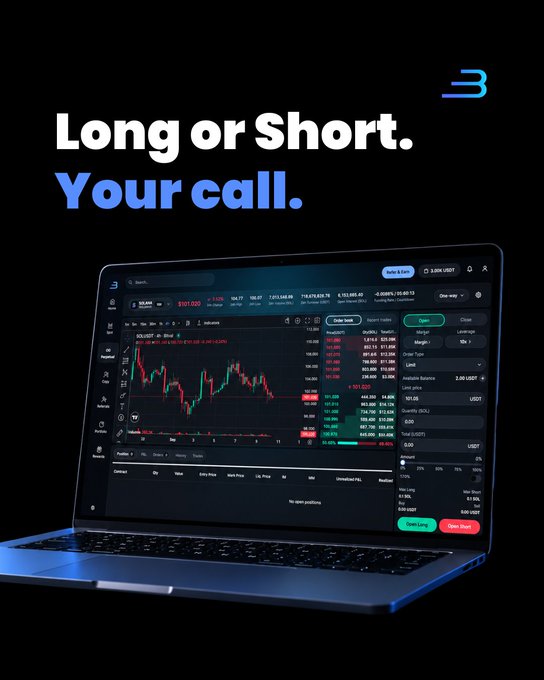 An advertisement for a trading platform displayed on a laptop screen with the headline 'Long or Short. Your call.' featuring a trading interface showing SOL/USDT charts and order options.