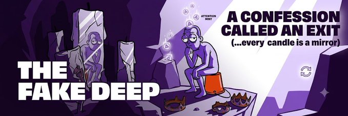An illustrated banner reading 'THE FAKE DEEP' and 'A CONFESSION CALLED AN EXIT (...every candle is a mirror)' depicting a purple-toned character sitting on a block in a cave-like setting.