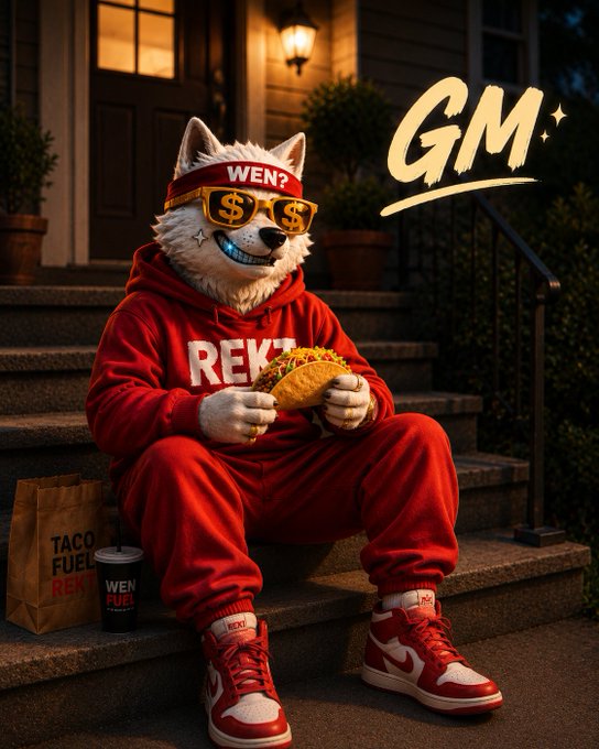 AI-generated image of a white dog character wearing sunglasses, a red tracksuit with 'REKT' written on it, and red sneakers, sitting on steps eating a taco with 'GM' text displayed.