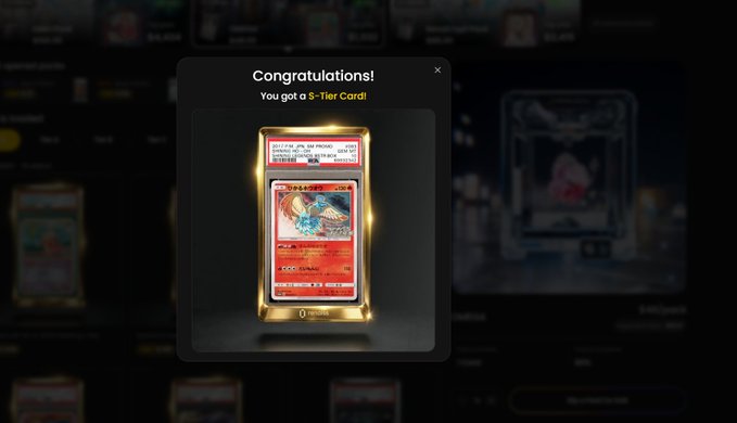 A Pokémon card pack opening result showing 'Congratulations! You got a S-Tier Card!' featuring a Holographic Charizard card.
