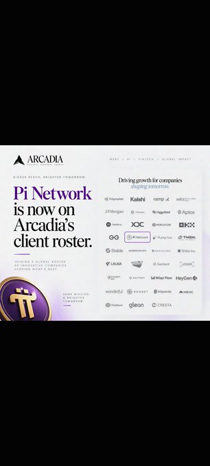 An Arcadia promotional graphic announces "Pi Network is now on Arcadia's client roster," listing Arcadia's other clients including Kalshi, ramp, Solana, 21Shares, JPMorgan, Stripe, Apotos, DCG, Pantera, Securitize, OKX, Galaxy Digital, Polymarket, Trump Media, Tether, Kraken, Hivemind, FalconX, TRON, Stablecoin, Securitize, Worldcoin, Galaxy, Yuga Labs, Samsung, Leclan, MoonPay, Fireblocks, La Water Flow, HeyGen, WonderAI, Outpayt, Atlantis, ARC, Hudson, gleon, and CHESTA. The image directly supports the post's claim about Pi Network partnering with Arcadia, though the caption warns viewers about potential misinformation circulating about this news.