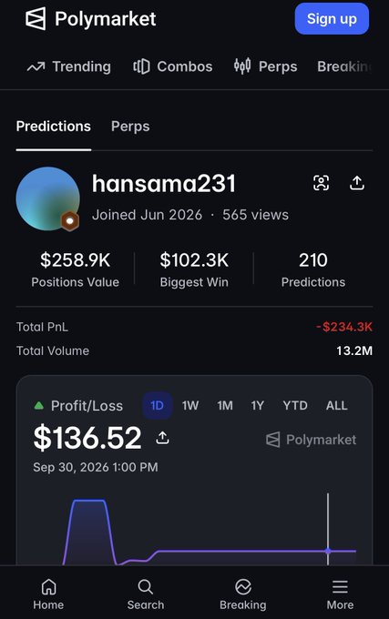 A screenshot of a Polymarket profile for user 'hansama231' showing $258.9K Positions Value, $102.3K Biggest Win, 210 Predictions, and Total PnL of -$234.3K.