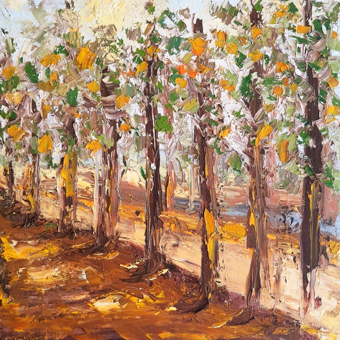 An impressionistic oil painting of an autumn forest with vertical tree trunks, thick textured brushstrokes, and orange and yellow foliage.