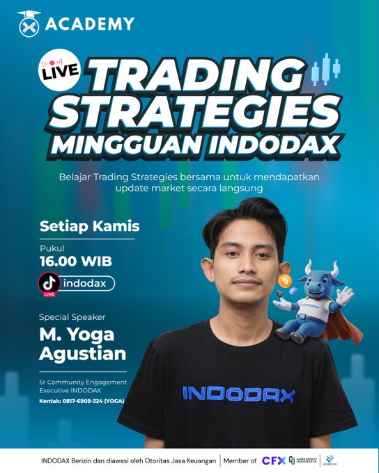 A promotional poster for INDODAX Academy's "Trading Strategies Mingguan Indodax" TikTok Live event, featuring speaker M. Yoga Agustian, Sr. Community Engagement Executive at INDODAX, scheduled every Thursday at 16:00 WIB on @indodax, with the INDODAX bull mascot visible alongside.