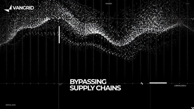 The image is a sleek, dark-themed data visualization from VANGRID showing a wave-like pattern of scattered white points across the top, with the bold text "BYPASSING SUPPLY CHAINS" centered in the lower portion.

This visual reinforces the post's thesis by illustrating how VANGRID's distributed, phone-based sensor approach generates granular, wave-like coverage of spaces that traditional mapping fleets can't access—capturing warehouse, loading bay, and market contexts to bypass conventional supply chain data limitations.