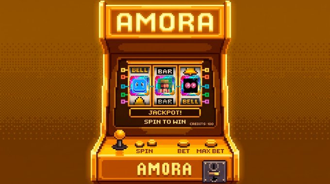 A pixel art slot machine named 'AMORA' with a 'SPIN TO WIN' button, showing bell, bar, and character symbols, with 100 credits displayed.