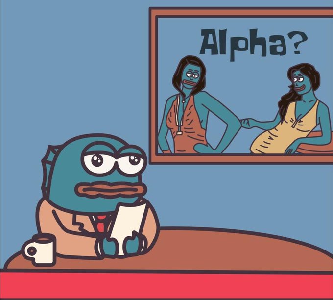 A blue, cartoon fish-like character in a suit sits at a desk holding a paper, with a coffee mug nearby, looking bored or skeptical while staring at a framed picture labeled "Alpha?" that shows two similar fish characters. The meme humorously relates to the post about the end of "phase 2," with the character's unimpressed expression suggesting they fell short of "alpha" performance despite their efforts.