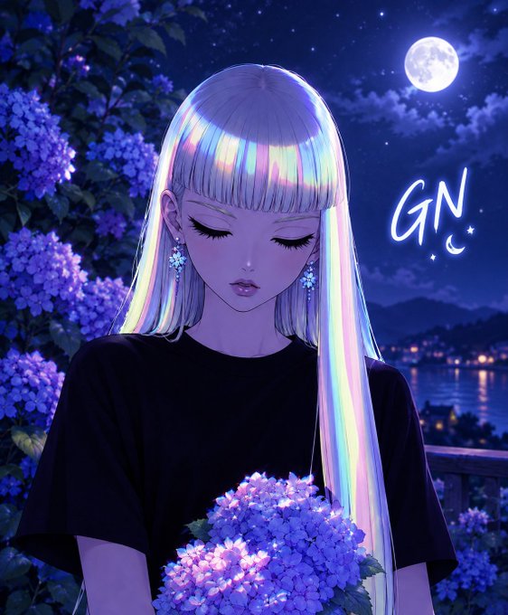 An anime-style illustration of a girl with iridescent rainbow hair and star-shaped earrings, holding purple hydrangeas under a full moon, with "GN" written in the sky.