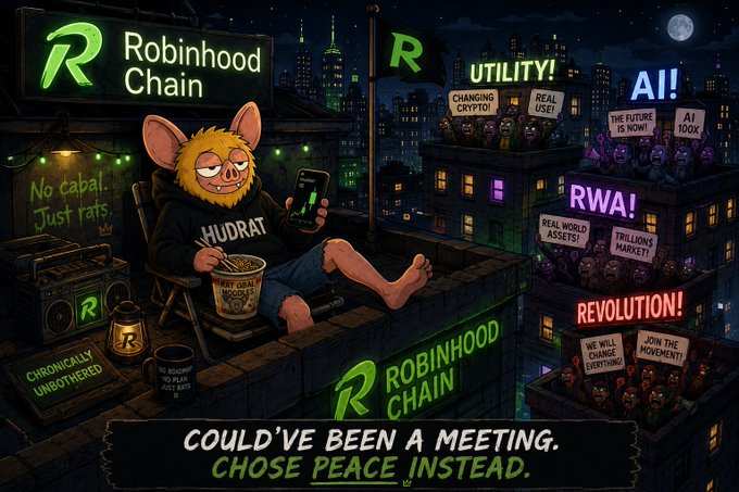 A cartoon illustration featuring a rat-like character wearing a 'HUDRAT' hoodie on a rooftop, referencing Robinhood Chain with banners reading 'UTILITY!', 'AI!', 'RWA!', and 'REVOLUTION!', ending with the message 'COULD'VE BEEN A MEETING. CHOSE PEACE INSTEAD.'