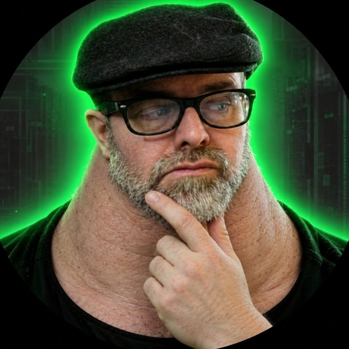A muscular man wearing a flat cap and glasses in a thoughtful pose against a green digital background.