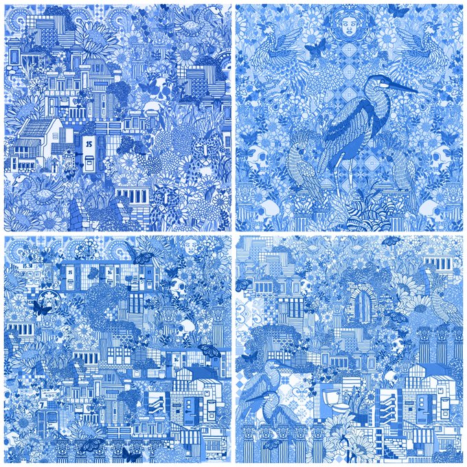 A 2x2 grid of four intricate blue and white illustrated panels featuring detailed scenes of a kingfisher bird, flowers, birds, and densely packed urban architecture with houses and trees.