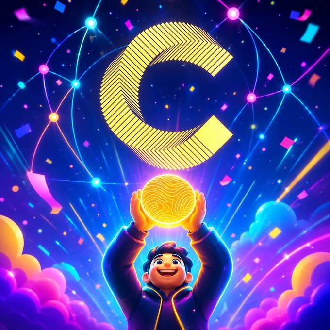 Digital artwork showing an animated character holding up a glowing golden coin, with a large stylized "C" logo in the sky surrounded by colorful confetti.